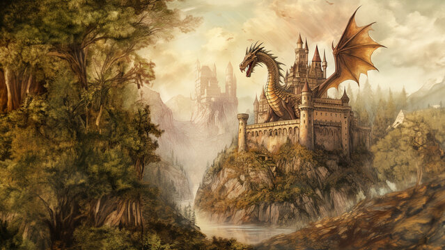 Dragon guarding a castle in the forest