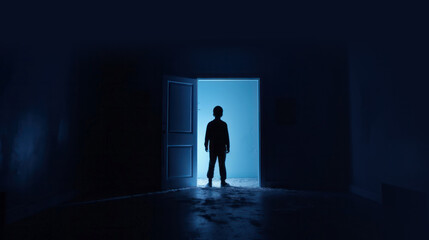 Obraz premium Young boy silhouette in dark room in front of the door from which the light emanates. The concept of social distance