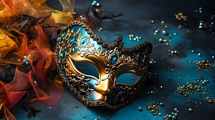A carnival mask, resplendent in royal blue and shimmering gold, intricately decorated with ornate patterns and a secretive allure, embodying the enchantment of a masked affair.
