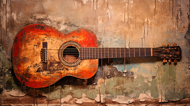 An old acoustic guitar, scuffed, weathered, encaustic painting style. Generative AI
