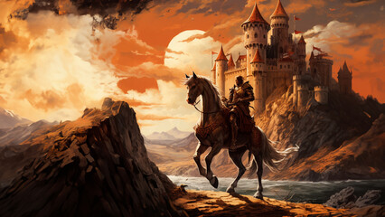 Knight Riding away from Castle