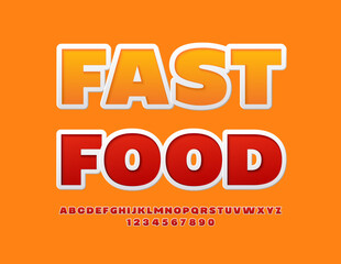 Vector creative flyer Fast Food. Red sticker Font. Modern Alphabet Letters, Numbers and Symbols set.