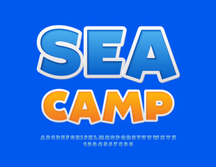 Vector recreational poster Sea Camp. Blue sticker Font. Set of creative Alphabet Letters, Numbers and Symbols