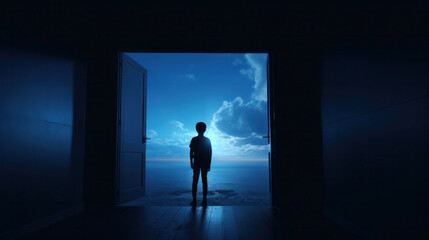 Fototapeta na wymiar Young boy silhouette in dark room in front of the door from which the light emanates. The concept of social distance