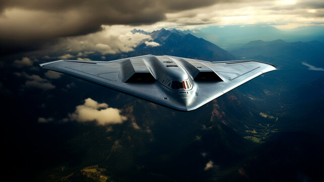 the flight of a B-21 Raider supersonic airplane in the sky above the clouds. Generative AI