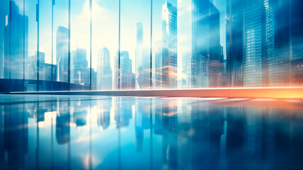 Vision of future urban and corporate architecture, bokeh, motion blur and skyscraper facade reflection . Generative AI