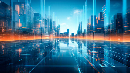 Vision of future urban and corporate architecture, bokeh, motion blur and skyscraper facade reflection . Generative AI