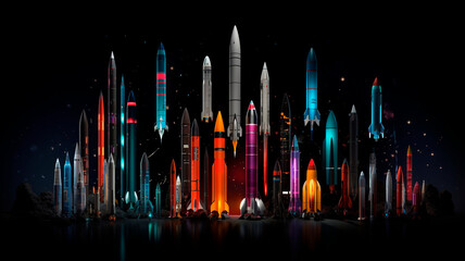 Lots of colorful rockets placed in dark space, futuristic spaceship design, Generative AI