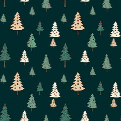 Vector New Year background, Christmas, holiday, wrapping paper, Christmas trees, snow. Continuous, seamless.