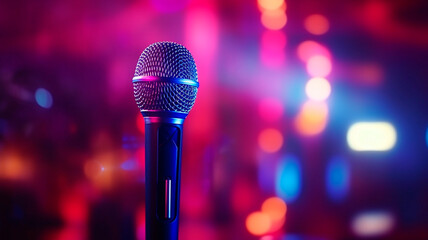 microphone on a stand illuminated by club lights, setting the scene for karaoke, podcasts, recording studios, and musical backgrounds. Generative AI 