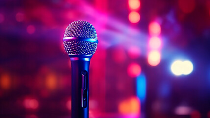 microphone on a stand illuminated by club lights, setting the scene for karaoke, podcasts,...
