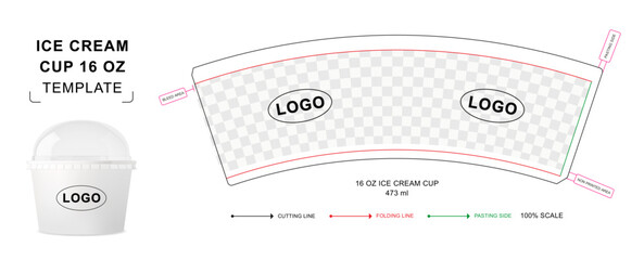 Ice cream cup die cut template for 16 ounce with 3D blank vector mockup for food packaging