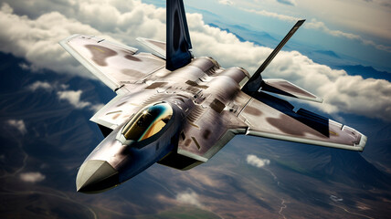 F-22 Raptor supersonic aircraft flying in the sky above the clouds. Generative AI