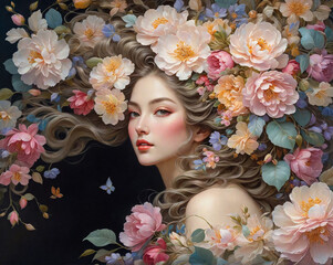 Portrait of beautiful asian young woman, her face framed with flowers