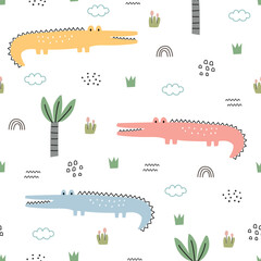Baby seamless pattern Cartoon background with crocodile and trees Hand drawn design in kid style, use for print, wallpaper, fabric, textile. Vector illustration