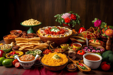 Fototapeta premium Fiesta party buffet table with traditional Mexican food