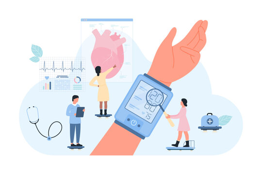 Heart health checkup, cardiology vector illustration. Cartoon tiny people measure blood pressure on hand of patient in hospital, examining data on digital monitor of electric device for treatment