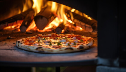 Pizza close-up, blurred background with flames from the wood-fired oven, dreamy atmosphere - obrazy, fototapety, plakaty