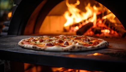 Pizza close-up, blurred background with flames from the wood-fired oven, dreamy atmosphere