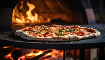Foto op Plexiglas Pizza close-up, blurred background with flames from the wood-fired oven, dreamy atmosphere © IonelV
