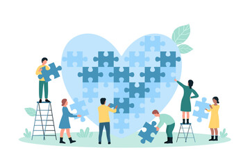 Charity project, non profit organization vector illustration. Cartoon tiny people fit puzzle into heart shape, volunteers share support and social help, donate kindness, hope and love gift together - obrazy, fototapety, plakaty