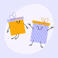 Joyful gift box characters jumping in the air. Holiday background, banner, card, poster