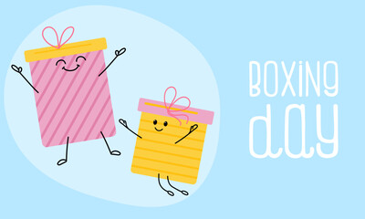 Boxing Day. Holiday banner, background, flyer on blue background with fun gifts
