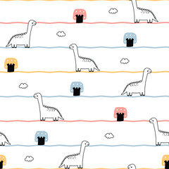 Dinosaur and notebook line drawing baby seamless pattern cute cartoon animal background hand drawn in children style Design used for print, wallpaper, fabric, textiles, vector illustration © TEe Du