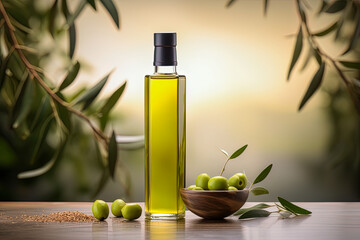 Mock up of olive oil as an elixir of health and well-being, its beneficial properties - obrazy, fototapety, plakaty
