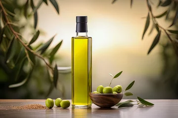 Gordijnen Mock up of olive oil as an elixir of health and well-being, its beneficial properties © Beastly