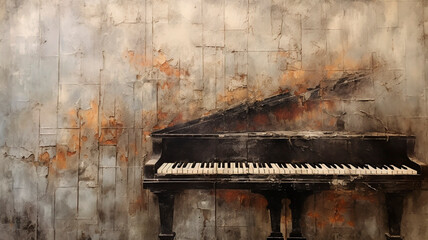 An old piano, shabby, weathered, encaustic painting style. Generative AI