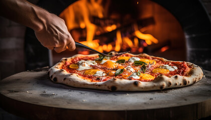 Rustic wood-fired pizza with bubbling mozzarella cheese and intense orange glow from the flames