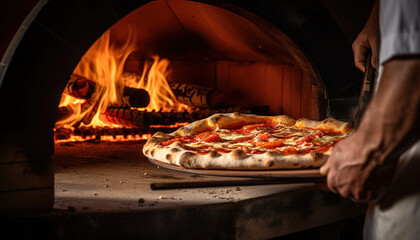 Rustic wood-fired pizza with bubbling mozzarella cheese and intense orange glow from the flames