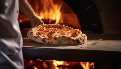 Rustic wood-fired pizza with bubbling mozzarella cheese and intense orange glow from the flames