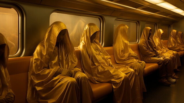 People wearing gold cloaks sittingon a train, Generative AI