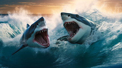 two attacking sharks leap out of the rising tide. Generative AI - obrazy, fototapety, plakaty