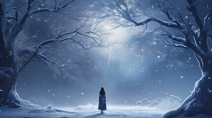 Winter fantasy, snowfall weaves a story of wonder through snowdrifts, a magical winter kingdom - obrazy, fototapety, plakaty