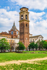 Turin, Italy. View of the bell tower of the cathedral of San Giovanni Battista. In foreground a...
