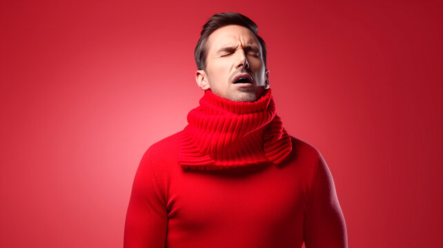 picture of a man wearing a scarf, sore throat, sison disease with cold, minimalism style. Generative AI