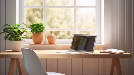 Workplace with laptop on wooden table near window. Workplace concept. Minimalistic interior.