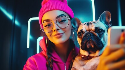 Excited young stylish woman posing with french buldog in arms taking a selfie on neon bright pink background. Woman having fun capturing her moments of self confidence and positivity. generation z ai.