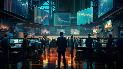 The interior of a room in the building of a brokerage office or securities center, reflecting the bustling atmosphere of the stock market . Generative AI