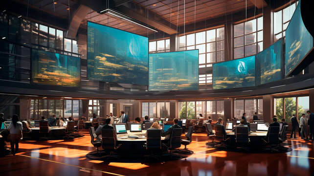 The interior of a room in the building of a brokerage office or securities center, reflecting the bustling atmosphere of the stock market . Generative AI