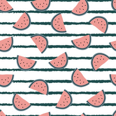 Tropical fruit watermelon summer seamless pattern on striped background Hand drawn design in cartoon style