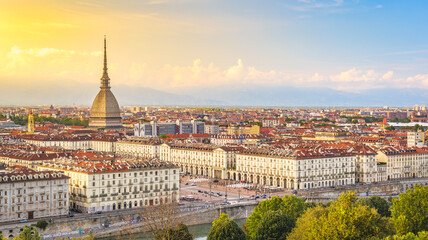 Turin, Italy. View from above on the city and the Mole Antonelliana at sunset. 2023-09-01.