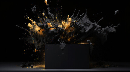 Floor in dark room with Explosion of black powder from black gift box. Background for for sales on Black Friday