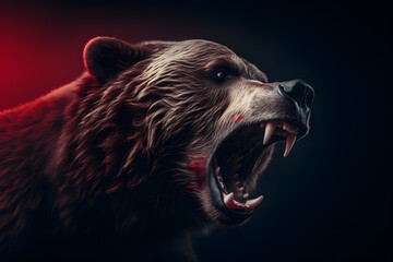 Raging & roaring grizzly bear with fangs dirty with blood, close-up, dark red & blue background - obrazy, fototapety, plakaty