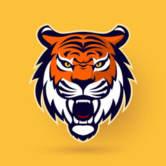An intricate tiger head logo design with impactful features, ideal for dominant brand representation. Vibrant yellow background enhances its vibrancy
