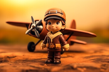 3d illustration cartoon boy hero pilot with retro airplane in the background, generated ai