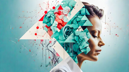 May is Mental Health Awareness Month banner, medical concept, double exposure,  geometric - obrazy, fototapety, plakaty